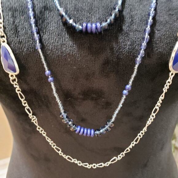 Womens Fashion Black Blue Rhinestones Long Collar Necklace with Lobster Clasp - Picture 3 of 7